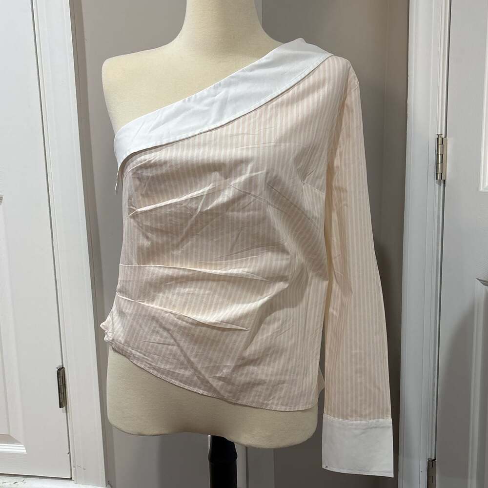 Express Poplin Striped One Shoulder Draped Top Size M NWT